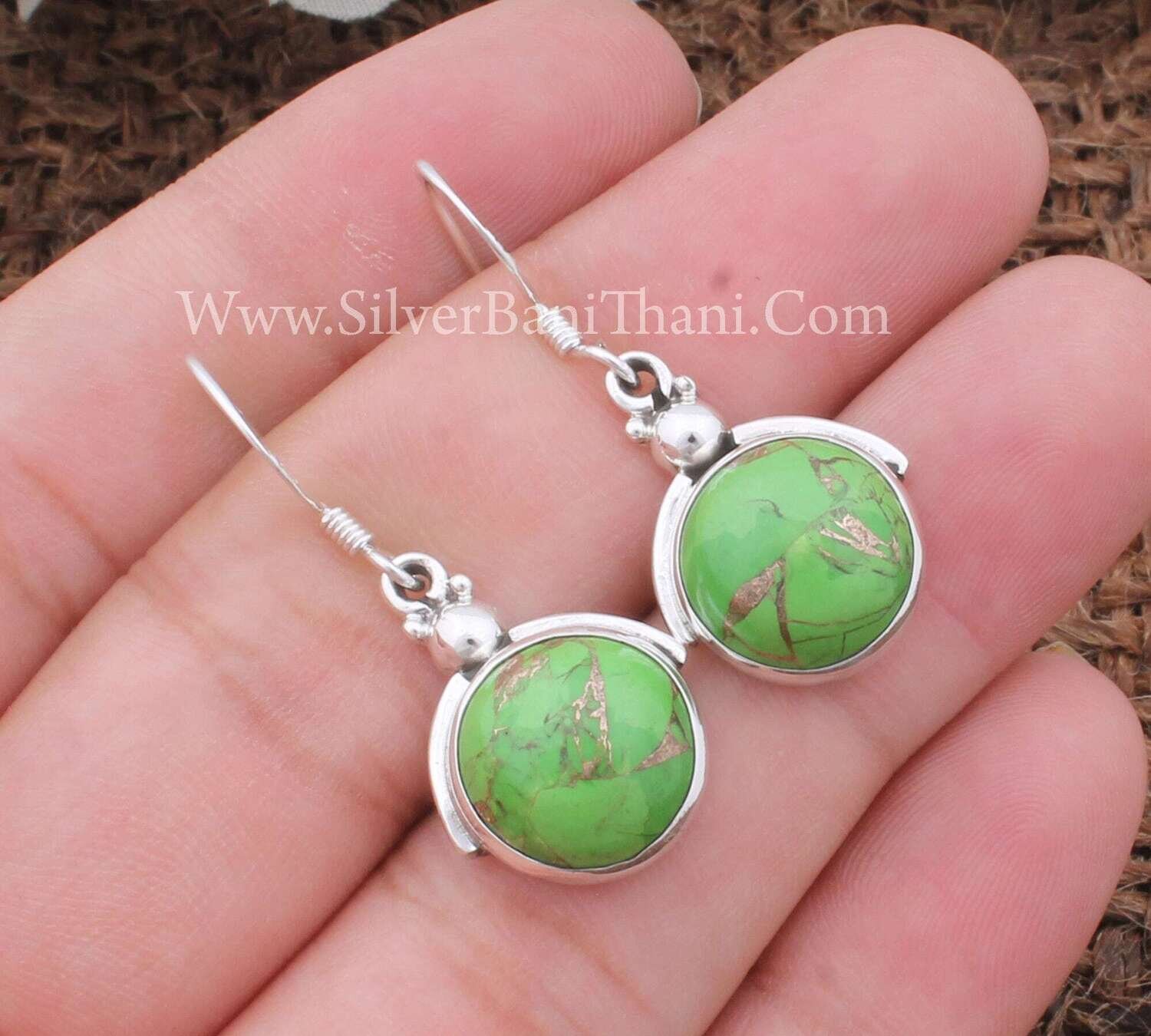 Green Copper Turquoise Silver Stone Earrings 925 Sterling Solid Silver Earrings Round Shape Gemstone Earrings Birthday Jewelry Gift For Her