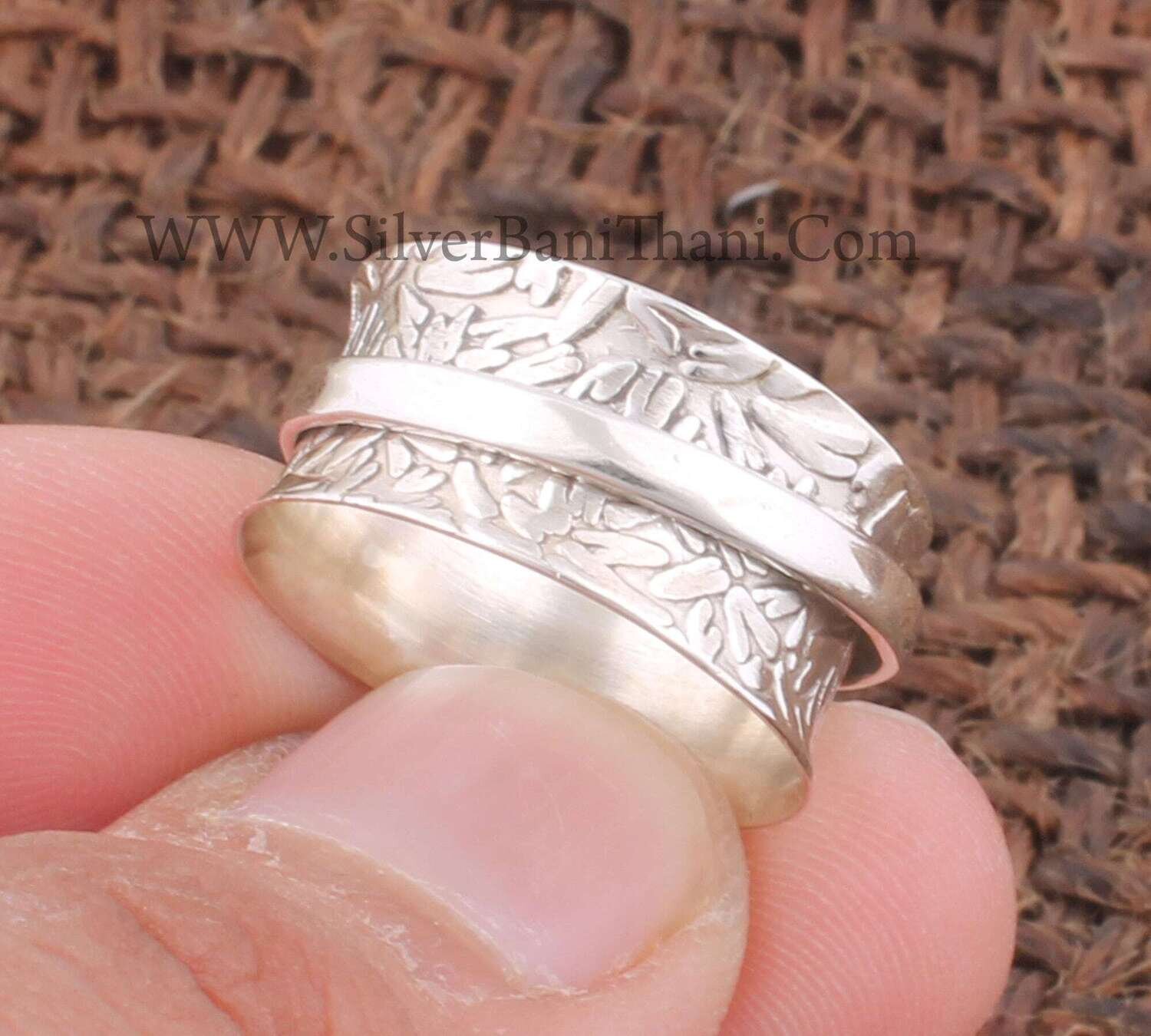 Hand Carved Band Two Tone Spinner Ring | 925 Sterling Silver Hammered Wide Band Silver Ring | Present For Her | Worry Ring Thumb Ring Gifts