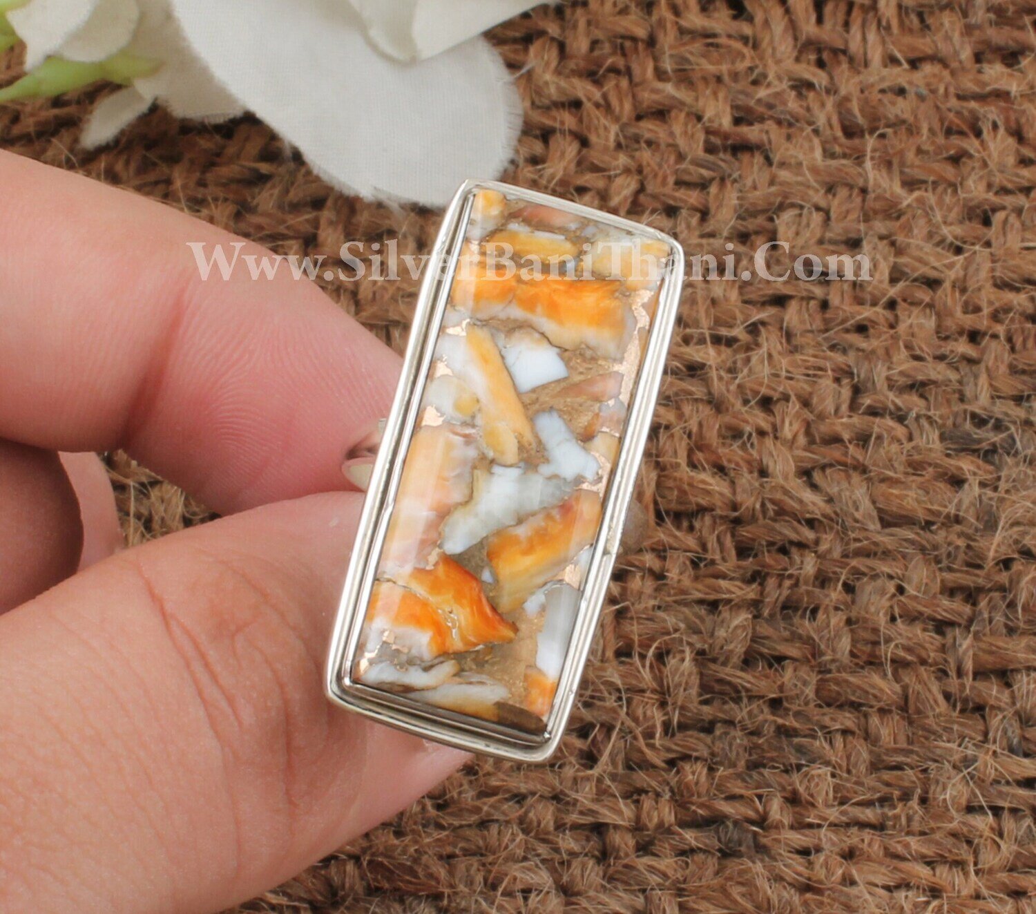 Oyster Copper Stone Rectangle Shape Gemstone Silver Ring | 925 Sterling Solid Silver Ring | Handmade Bridal Wedding Jewelry For Women Gift
