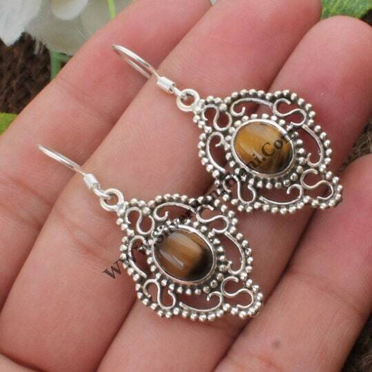 Tiger Eye Earring-Yellow Oval Cabochon Earring 925 Sterling Silver Earring-Tiger Eye Semi Precious Earring "S" Word Earring-Gift For Her2022
