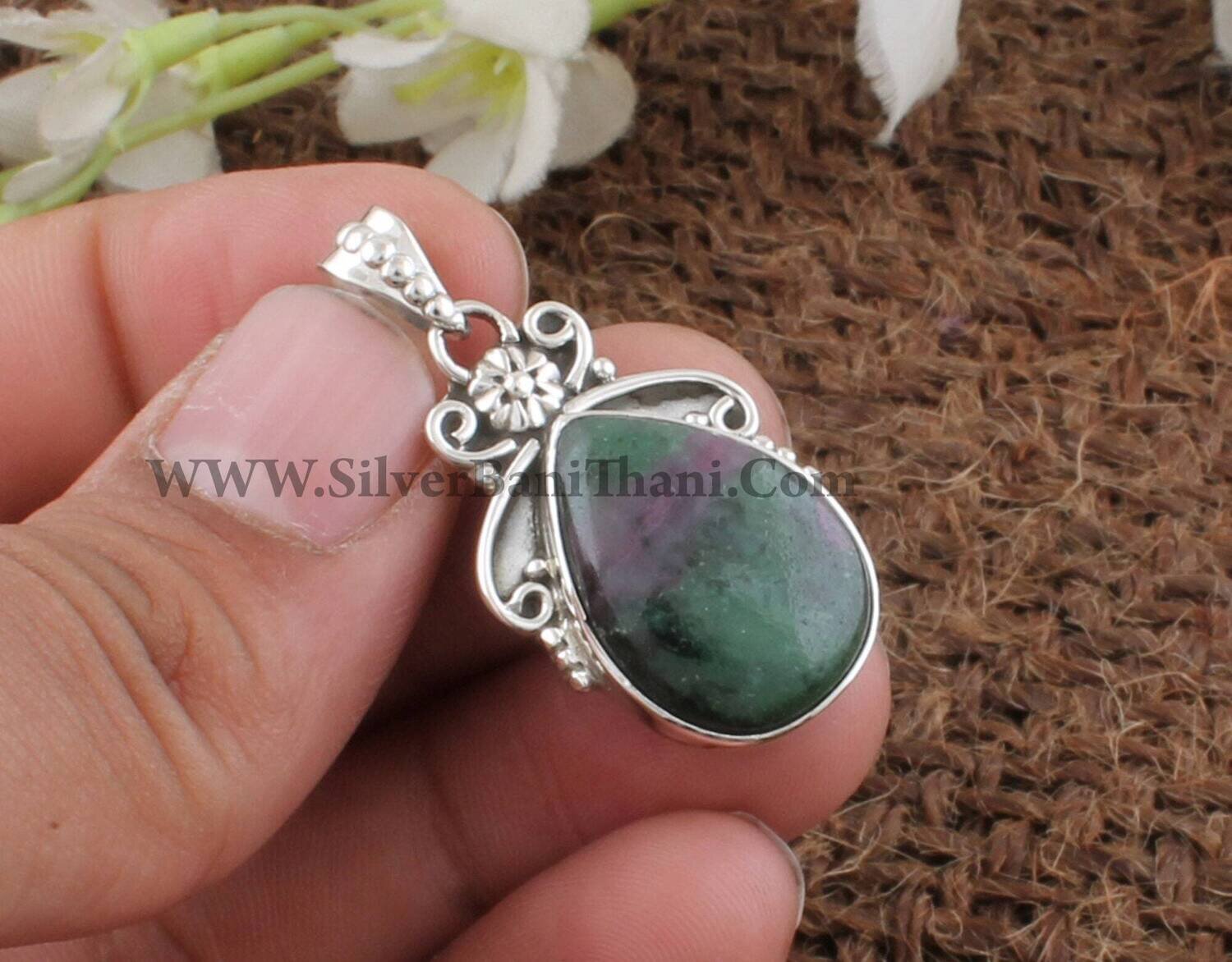 925 Sterling Silver Natural Ruby Zoisite Pear Gemstone Necklace Pendant | Designer Flower Handmade Pendant | Present For Her Bridal Jewelry