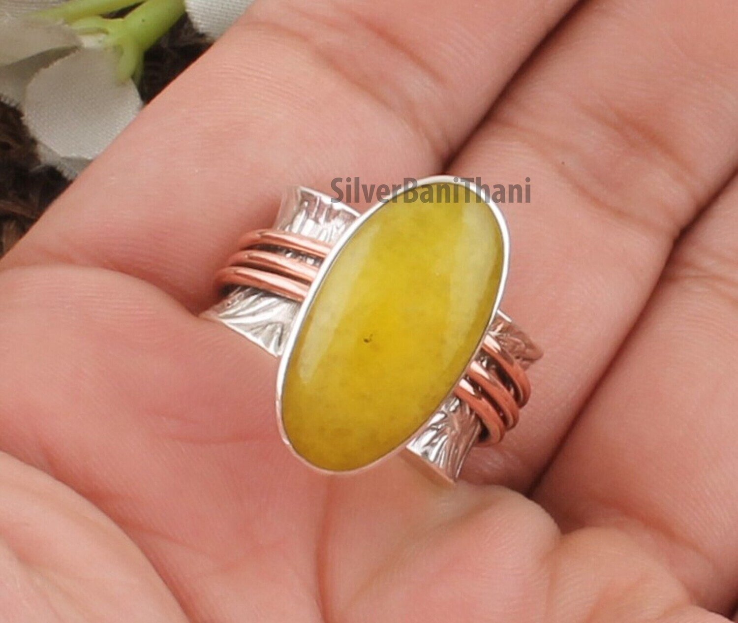 925 Sterling Silver & Brass Yellow Jade Spinner Ring | Designer Handmade Carved Silver Meditation Ring | Women Jewelry Valentine's Day Gift