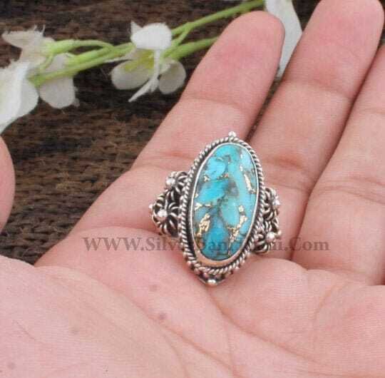 Mohave Turquoise Ring-Baguette Stone Cabochon Ring-Vintage Ring-Semi Precious Blue Stone Ring-Designer Silver Ring-Authentic-Rustic-Adorable