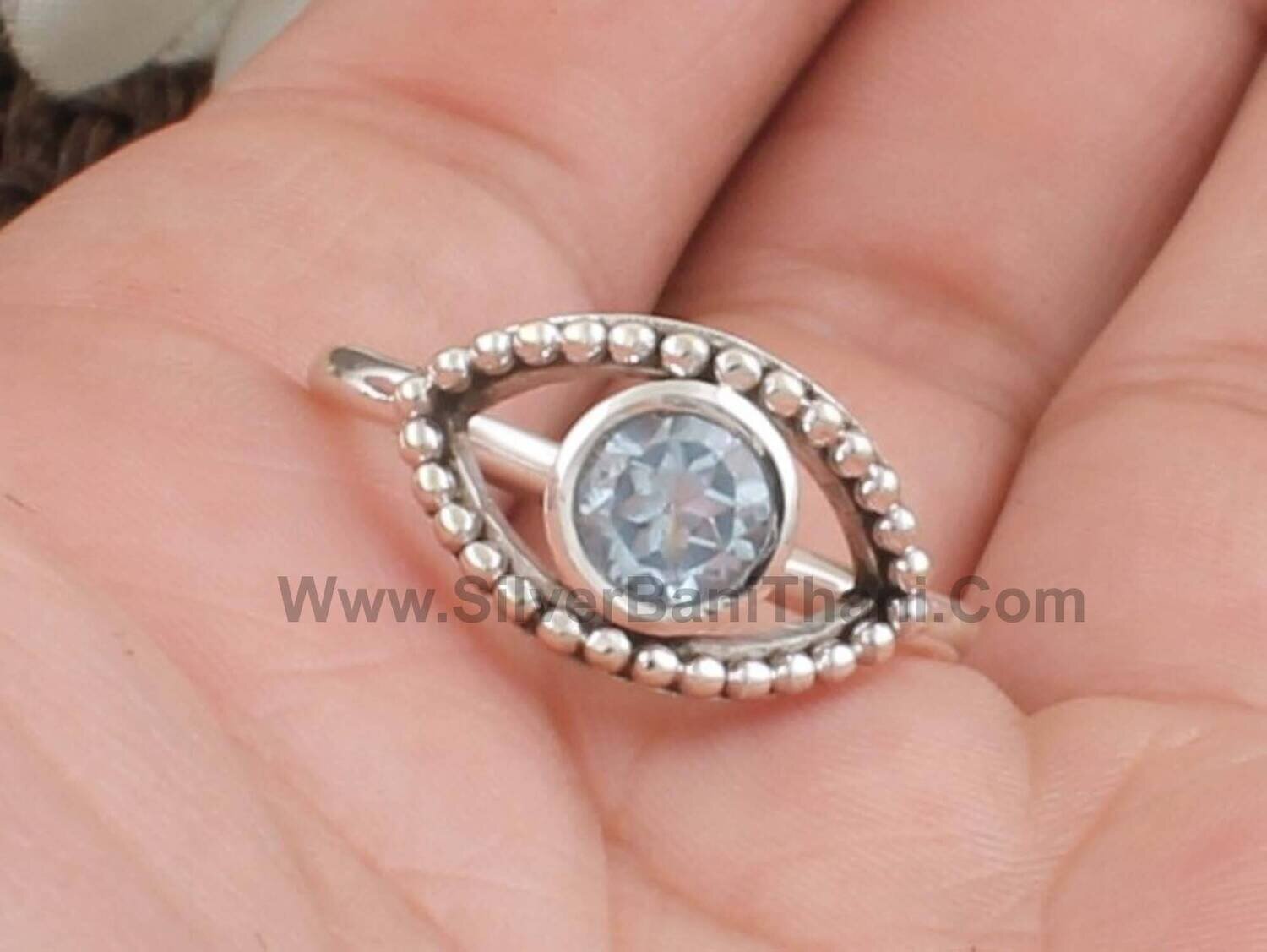 Blue Topaz Gemstone Silver Ring | 925 Sterling Silver Evil Eye Ring | Handmade Round Stone Eye Ring |Women Wedding Jewelry Gift idea