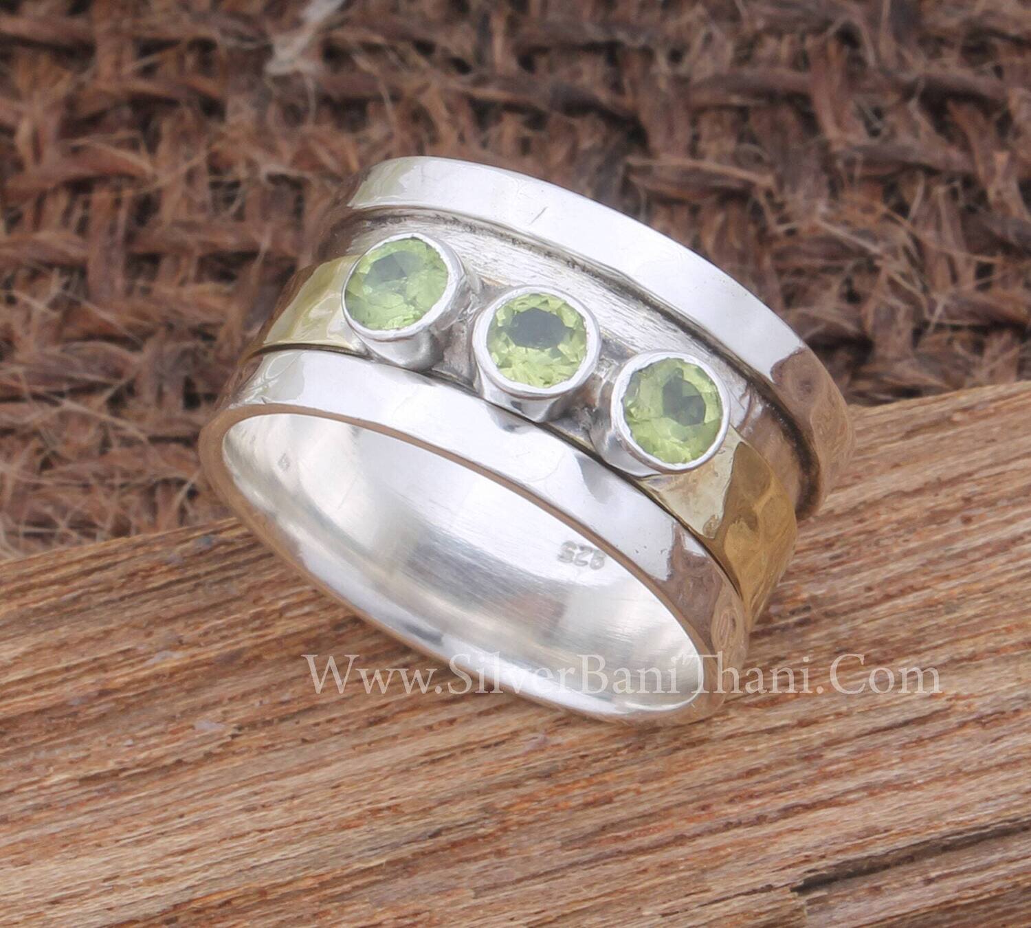 Three Peridot Silver Spinning Ring 925 Sterling Silver &amp; Brass Peridot Spinner Ring Handmade Band Ring Meditation Band Ring Boho Thumb Rings