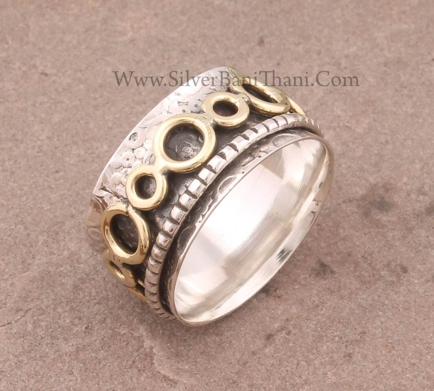 Solid 925 Sterling Silver Designer Carved Leaves Band Spinner Ring For Women | Handmade Two Tone Circle Fidget Anxiety Rings For Anniversary