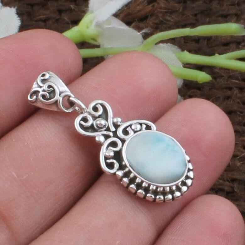 Larimar Pendant-Oval Cabochon Pendant 925 Sterling Solid Silver Pendant- Larimar Top Quality Semi Precious Stone Pendant Gift For Her