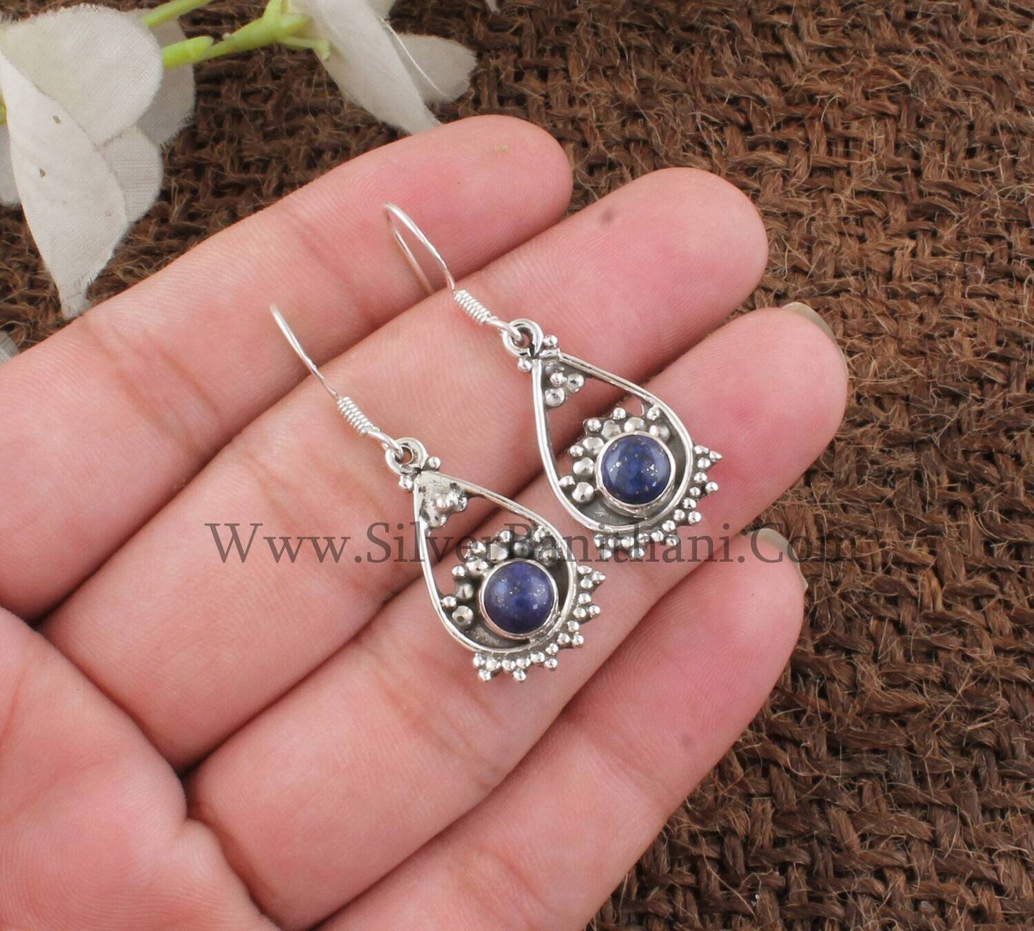Lapis Lazuli Silver Earrings | 925 Sterling Solid Silver Earrings | Designer Round Shape Gemstone Earrings | Christmas Gift | Gift For Her