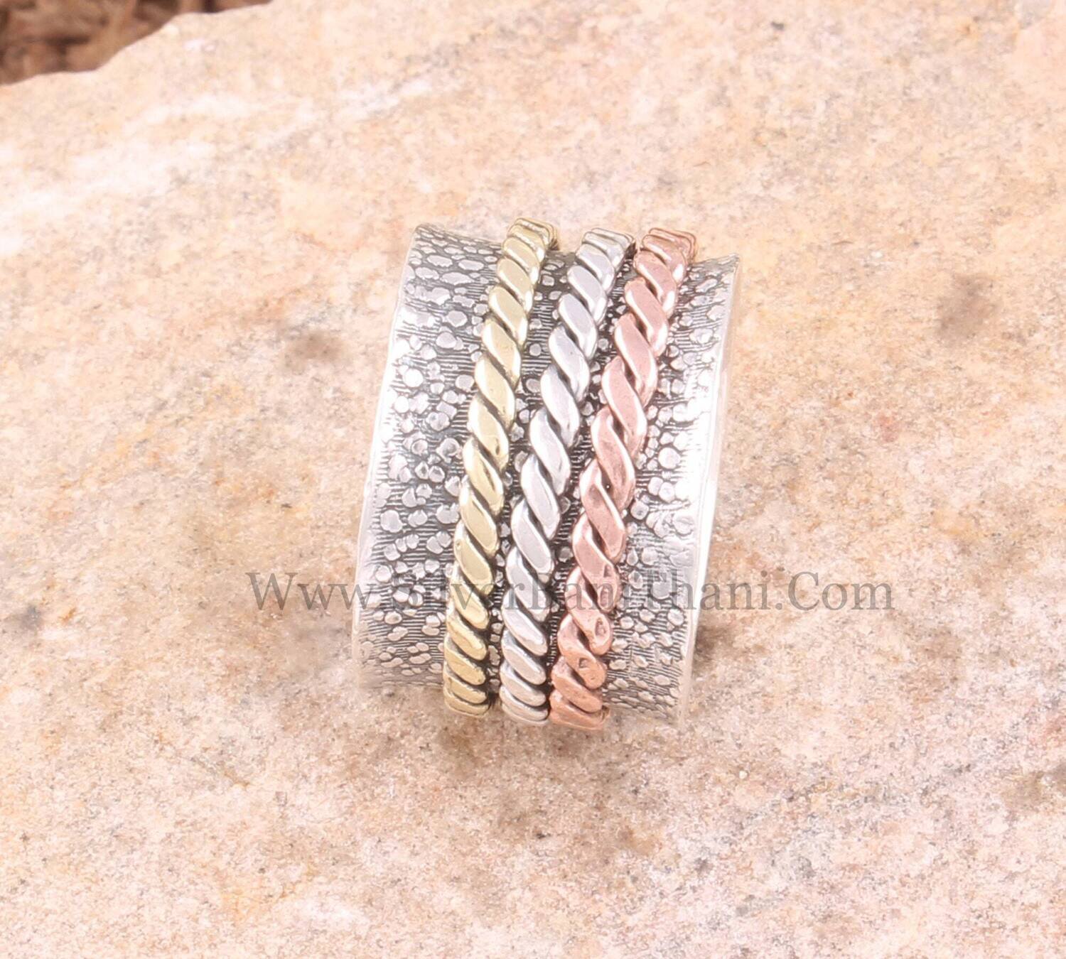 Twisted Solid 925 Sterling Silver Engraved Band Spinner Ring For Women | Handmade Three Tone Fidget Anxiety Rings For Anniversary Gifts Idea