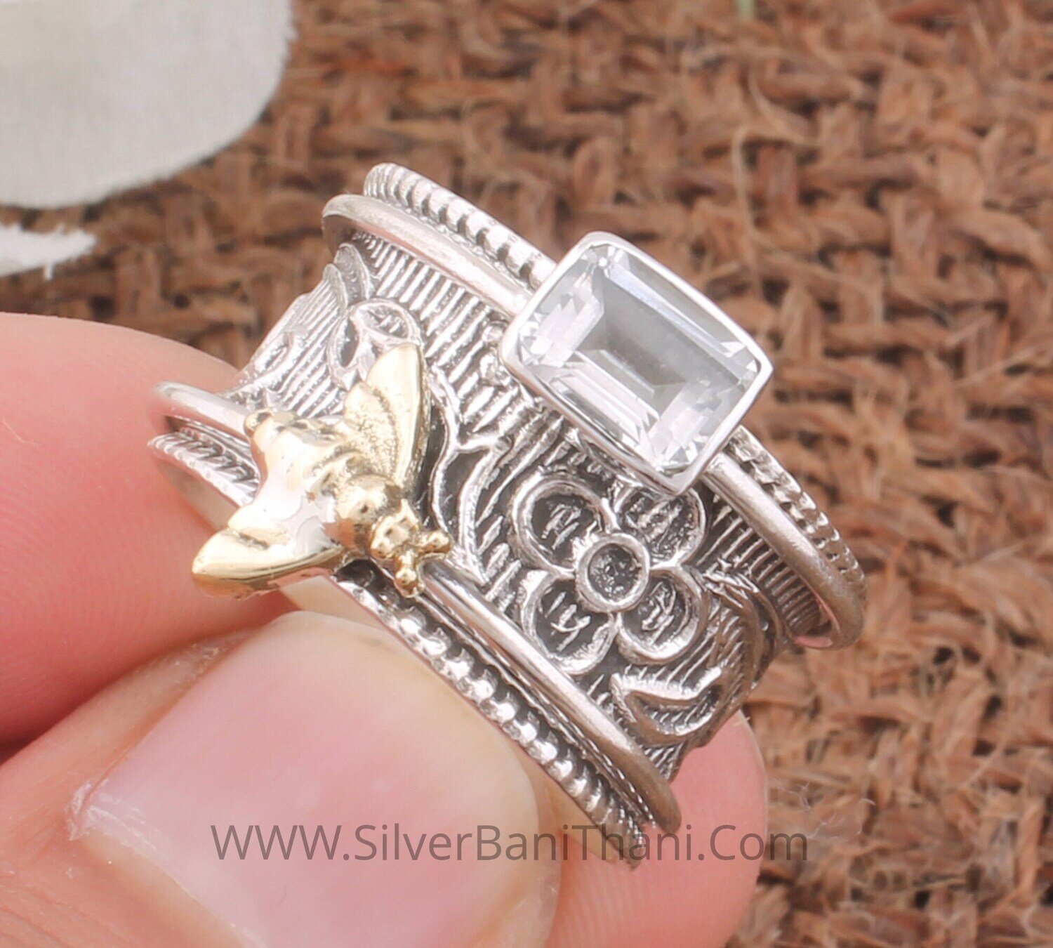 Crystal Quartz Silver Spinner Ring | 925 Sterling Silver &amp; Brass Emerald Cut Spinner Ring | Hand Carved Honey Bee Silver Ring Gift