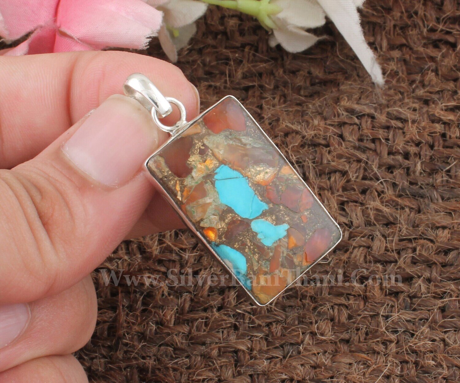 Composite Turquoise Gemstone Silver Necklace Pendant | 925 Sterling Silver Rectangle Shape Stone Pendant |Handmade Jewelry Boho Jewelry Gift