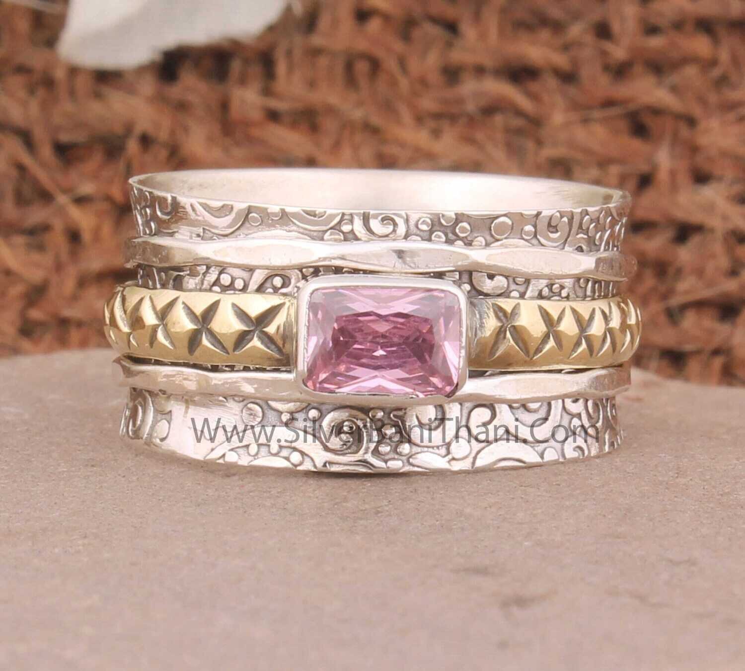 Pink Zircon Silver Spinner Ring | 925 Sterling Silver &amp; Brass Faceted Cut Gemstone Ring | Designer Engraved Carved Silver Ring For Women2022