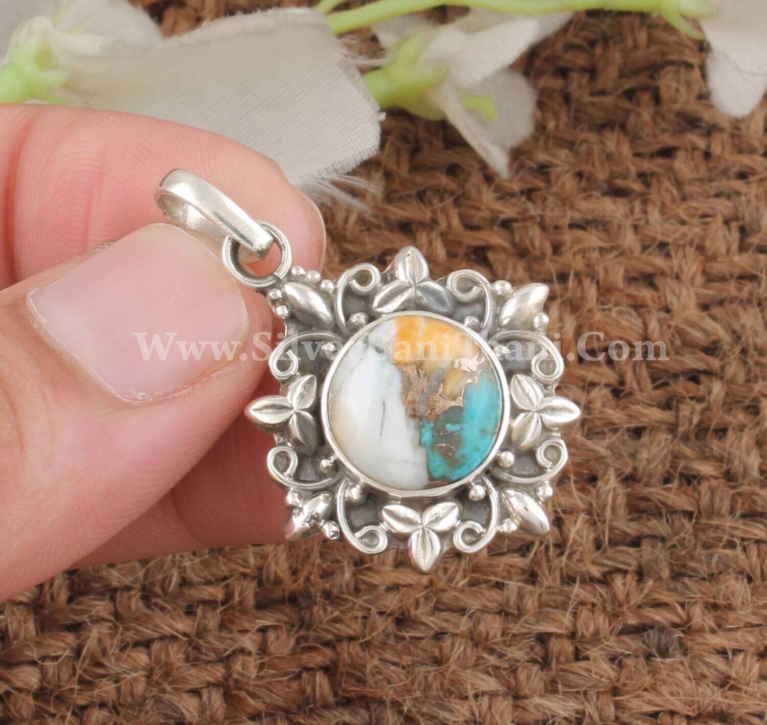 Designer Oyster Copper Turquoise Gemstone Silver Pendant | 925 Sterling Silver Round Pendant | Flower Handmade Wedding Jewelry Women Gift