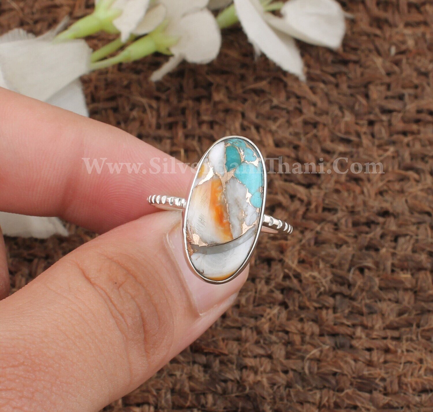Oyster Copper Turquoise Gemstone Silver Ring | 925 Sterling Silver Smooth Oval Gemstone Ring | Handmade Women Silver Jewelry Gift For Her
