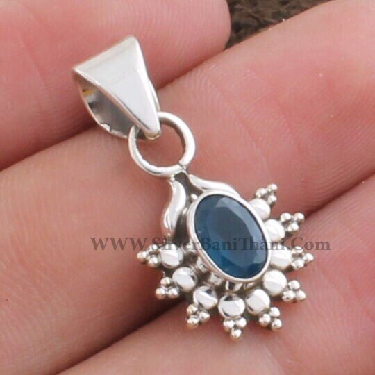 Iolite Pendant-Semi Precious Blue Cut Stone Pendant-Floral Design Silver Pendant-Antique Silver Pendant-Women Gift Pendant-Labour Day Gift