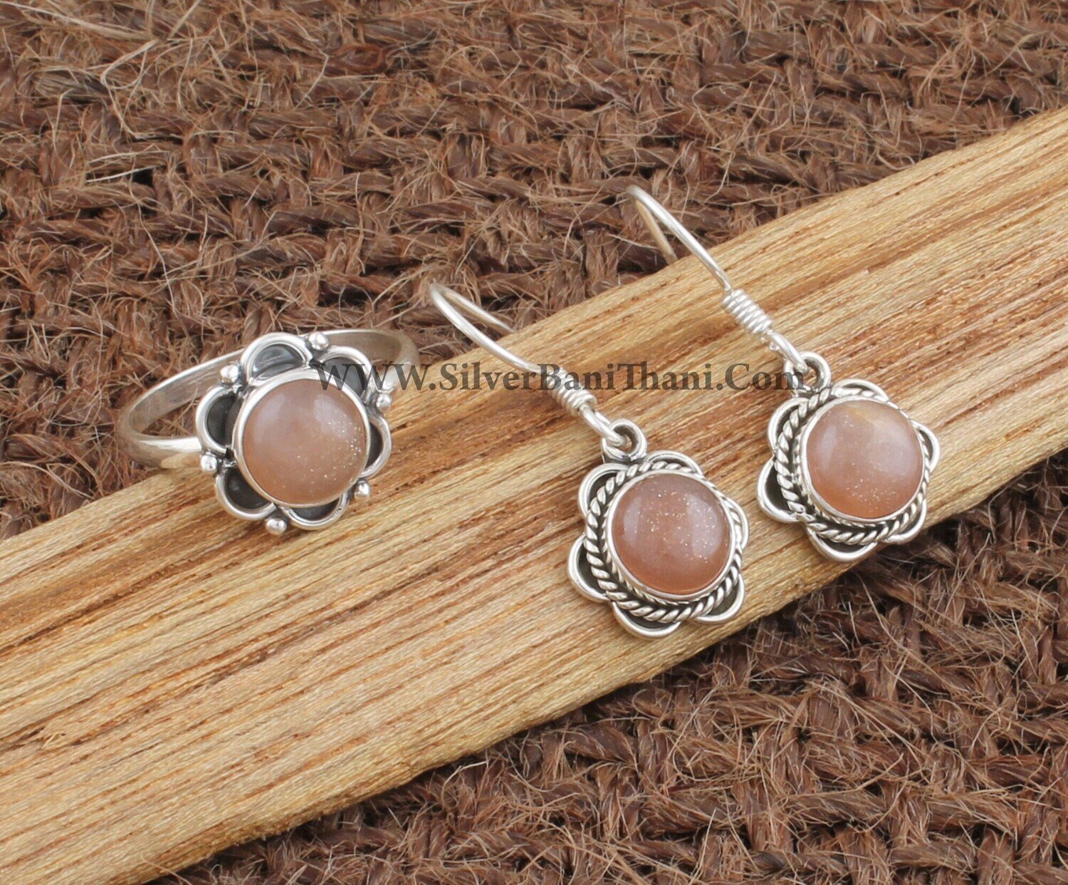 Peach Moonstone Silver Jewelry Set | 925 Sterling Silver Smooth Stone Ring &amp; Earring For Women | Flower Design Bridal Wedding Jewelry Gift