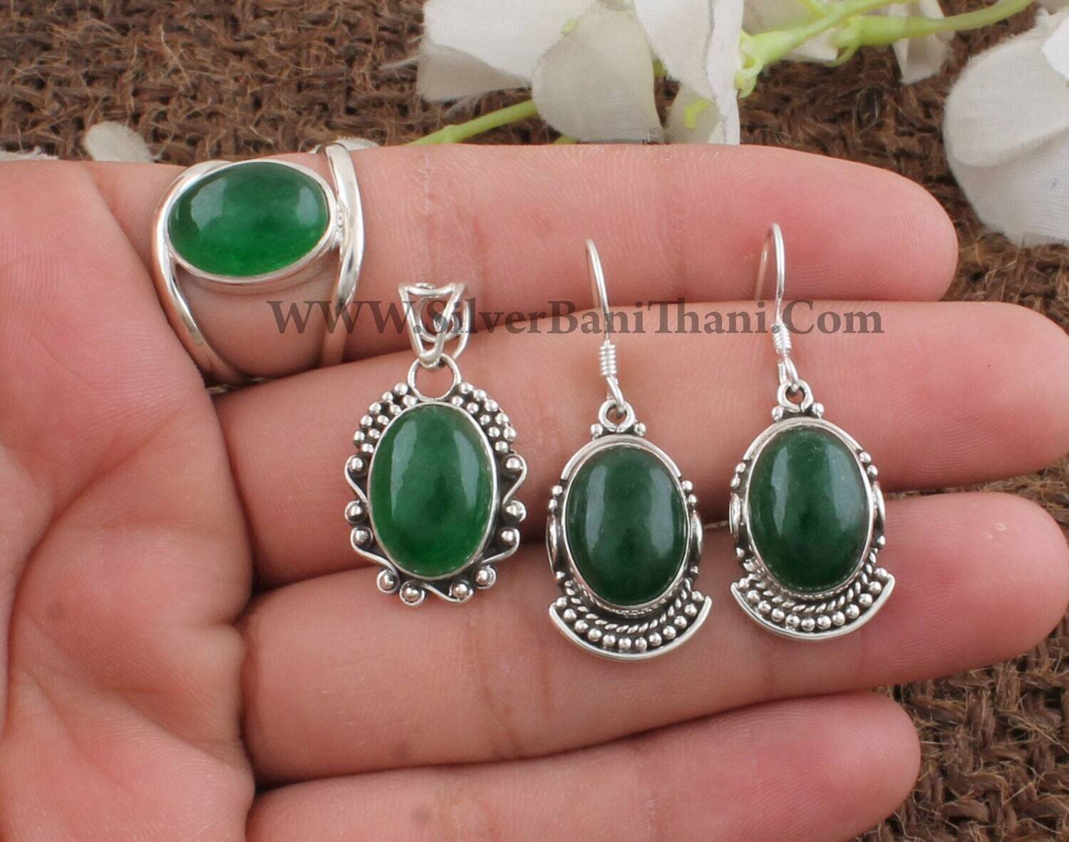 925 Sterling Silver Green Jade Gemstone Jewelry Set |  Green Jade Gemstone Silver Jewelry Set For Women | Bridal Wedding Jewelry Gift