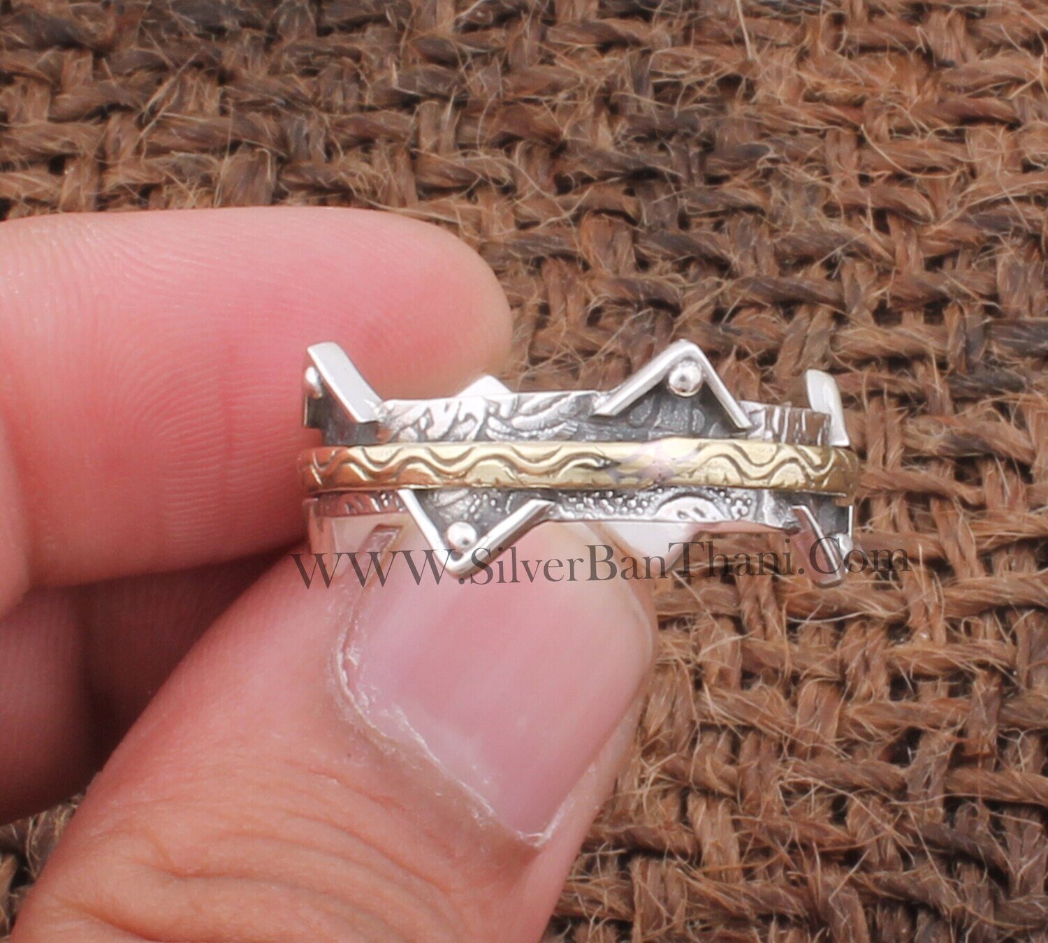Crown Antiqued Silver Spinner Ring - 925 Sterling Silver &amp; Brass Carved Bend Ring - Handmade Silver Crown Ring - Gift For Her  Women Jewelry