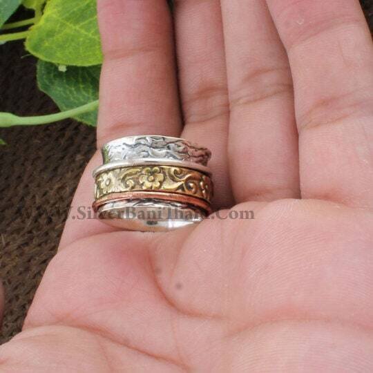 banithaniThree Tone Spinner Ring,925 Sterling Silver Spinner Ring,Handmade Three Tone Spinner Ring Girls Gift Item Ring,Thumb Spinner Ring