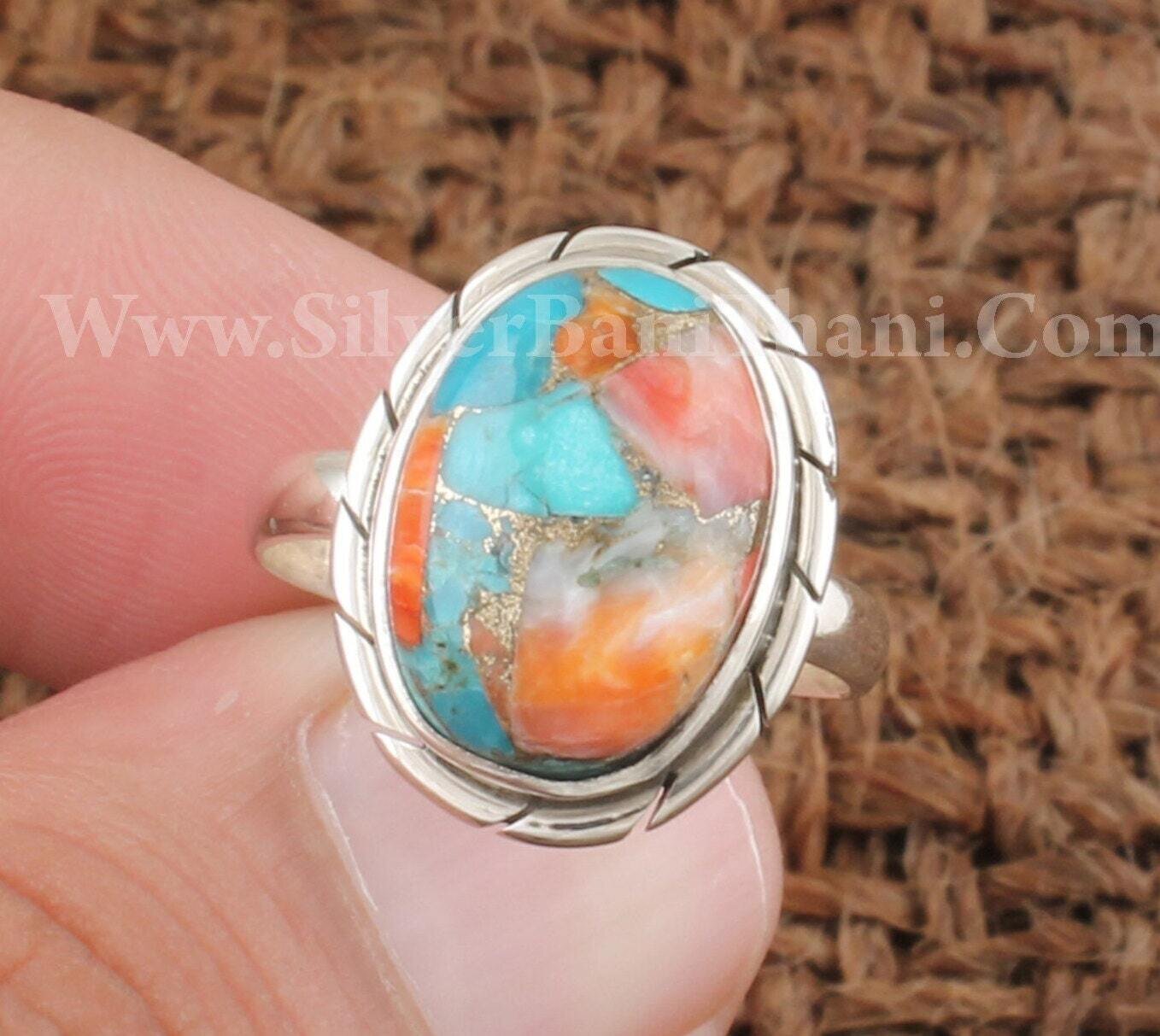 Rope Design Oyster Copper Turquoise Gemstone Silver Ring | 925 Sterling Silver Smooth Oval Gemstone Ring Handmade Women Silver Jewelry Gift