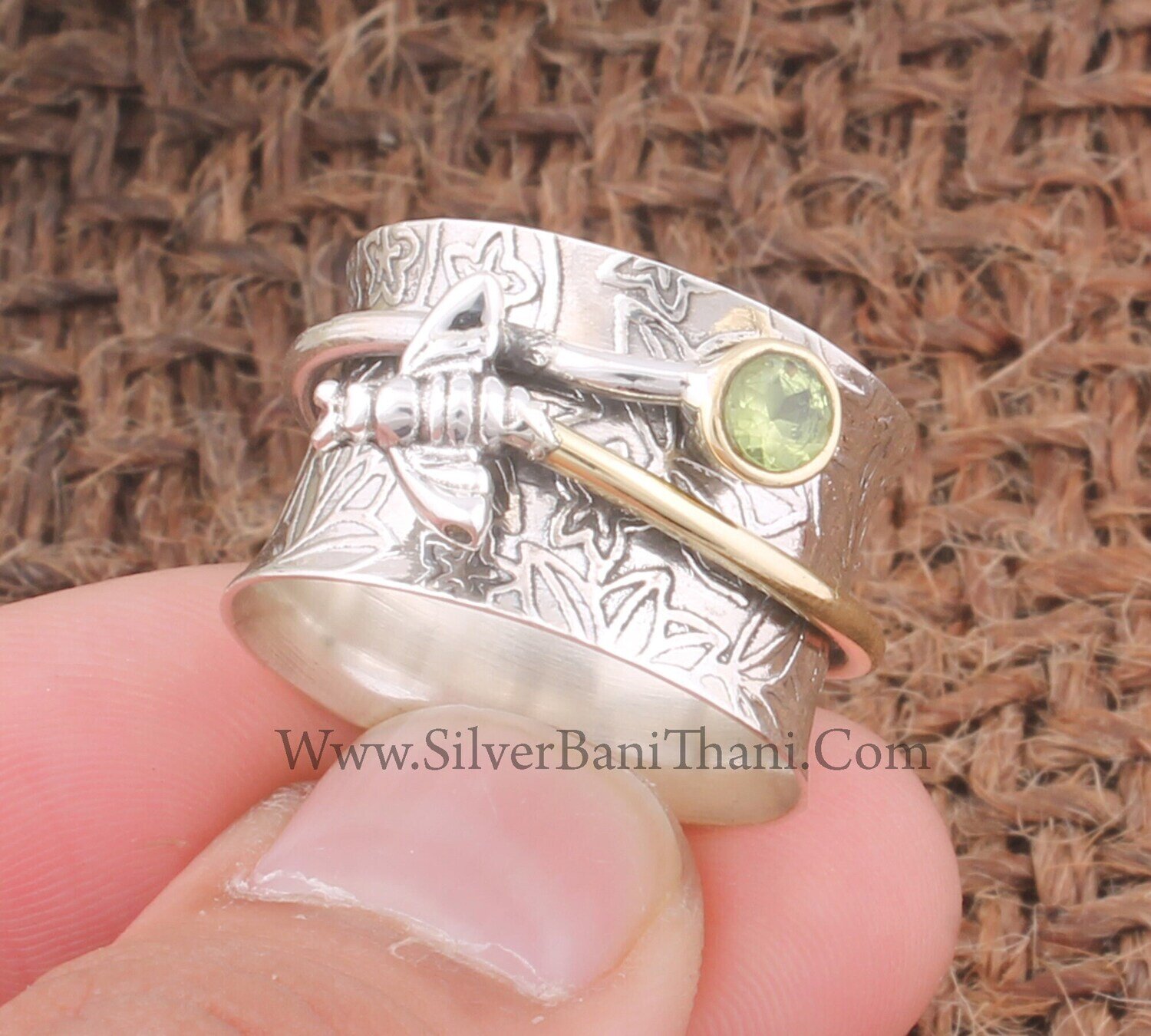 Peridot Gemstone Silver Spinner Ring | 925 Sterling Silver &amp; Brass Faceted Cut Peridot Spinner Ring | Hand Carved Honey Bee Silver Ring Gift