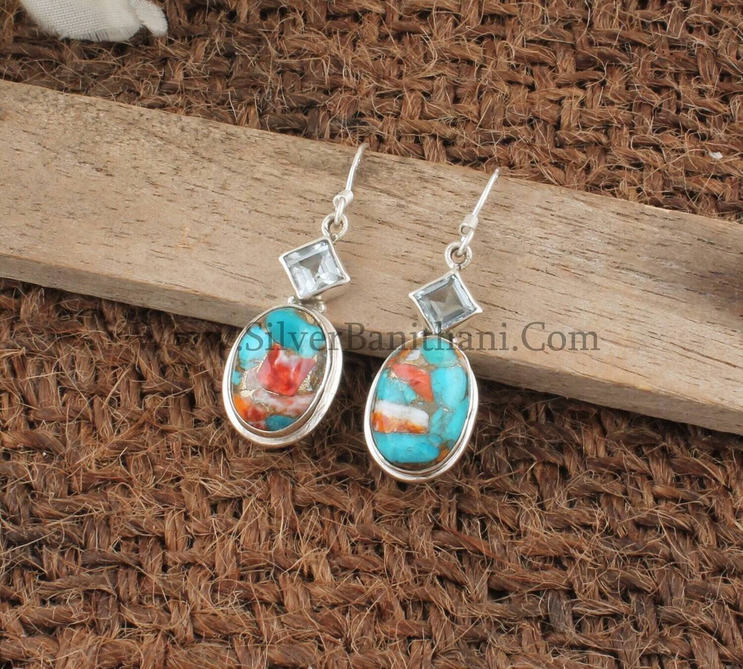 Blue Topaz &amp; Oyster Copper Turquoise Silver Earrings | 925 Sterling Solid Silver Earrings | Silver Earrings | Handmade Women Earring Gift