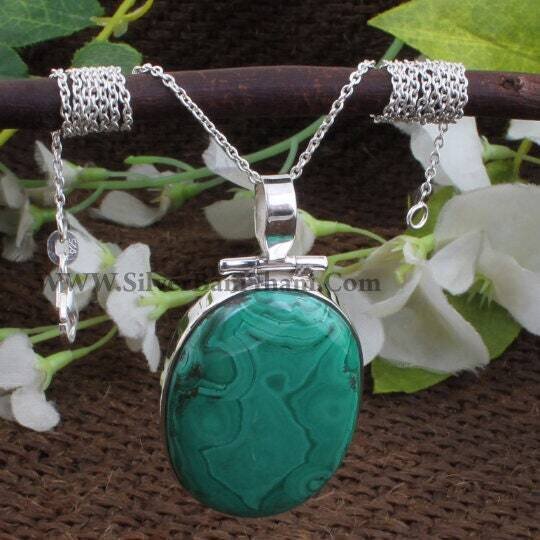 Malachite Top Quality Gemstone Necklace, Sterling Silver Necklace, Green Stone Necklace, Necklace For Women, Bride Gift NecklaceSolid Silver