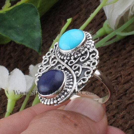 Two Stone Ring-Solid Silver Ring-Sleeping Beauty Turquoise Ring With Lapis Combo Gemstone Ring 925 Sterling Silver Ring-Antique Heavy Ring