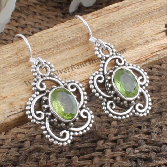 Peridot Earring-Oval Green Cut Stone Earring-925 Sterling Silver Earring-Floral Design Silver Earring-Handmade Earring-Gift For Her Sister