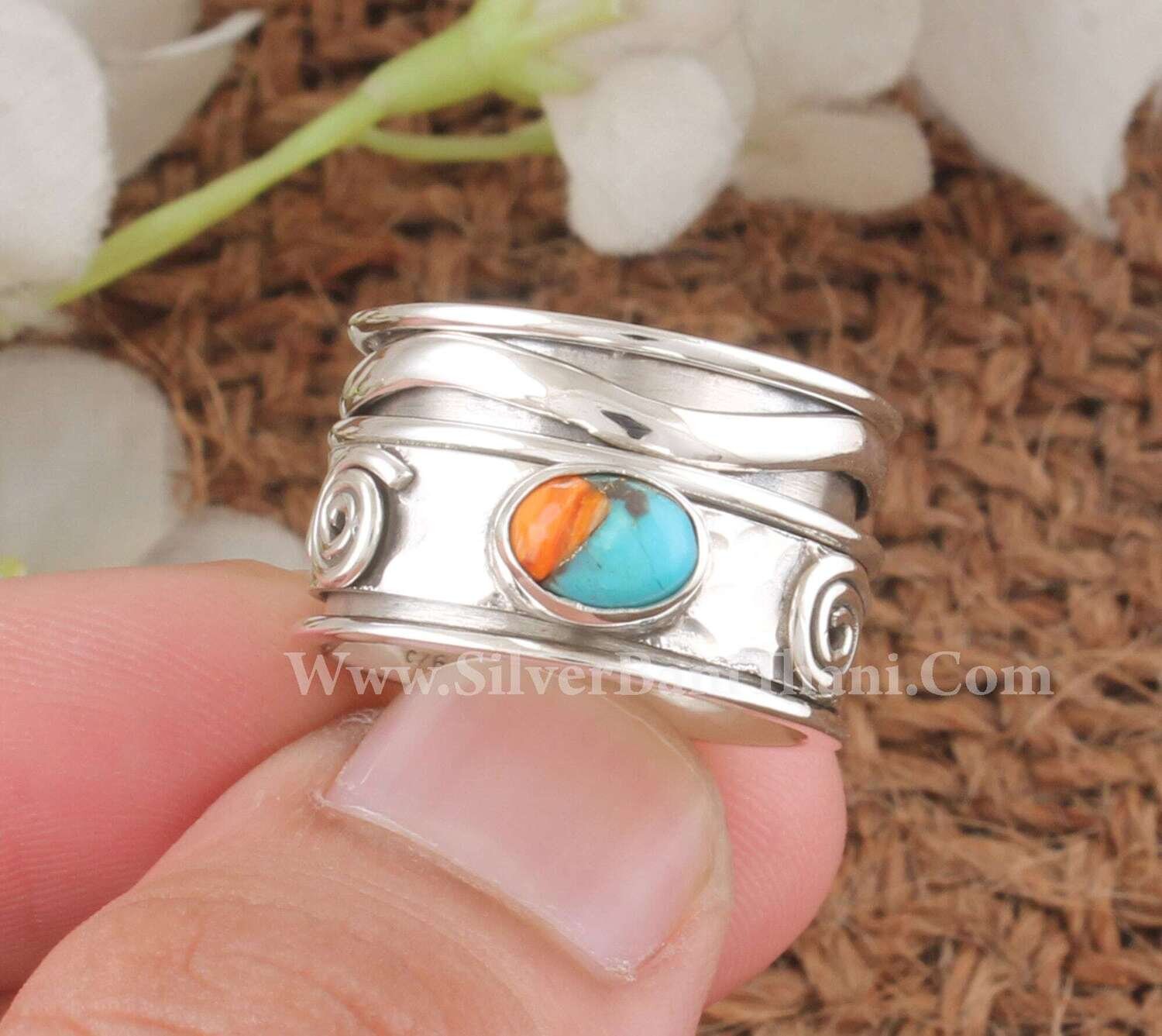 Oyster Copper Copper Gemstone Spinner Ring | 925 Sterling Silver Designer Handmade Spiral Band Ring | Meditation Worry Ring GiftMother's Day