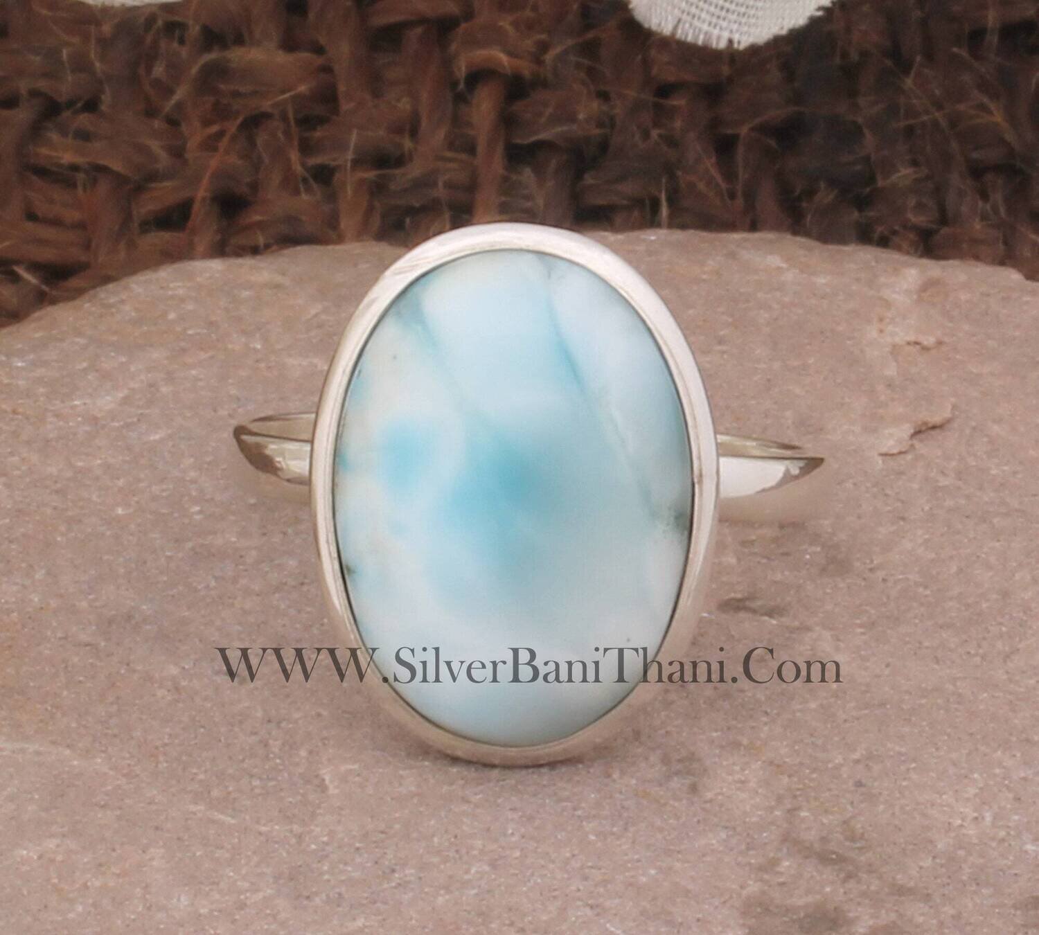 Larimar Ring 925 Sterling Silver Ring For Women Bohemian Jewelry Boho Silver Simple Ring Blue Gemstone Birthday Jewelry For Her Gift Idea