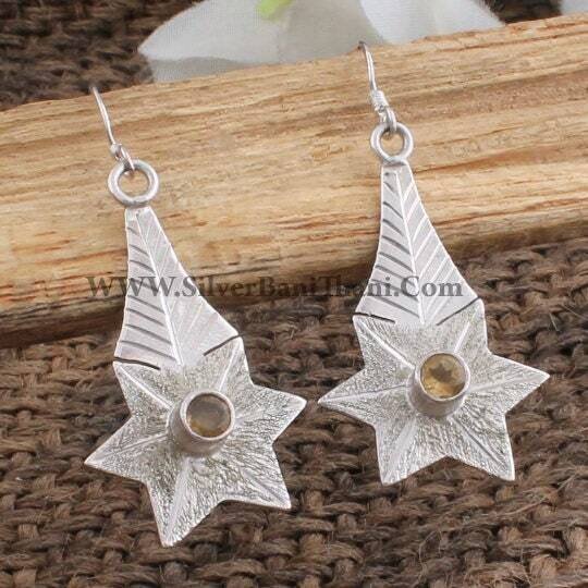 Citrine Round Faceted Cut Gemstone Silver Earring | 925 Sterling Silver Designer Star Earrings | Women Earrings | Handmade Boho Jewelry Gift