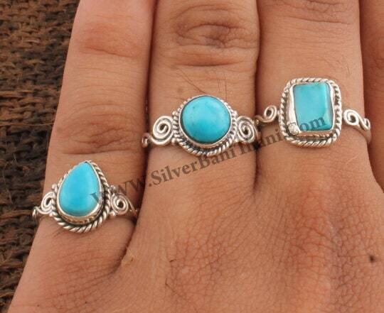 Three Combo Silver Stone Rings - Blue Color Stone Rings - Turquoise Silver Rings - Middle Finger Rings - Daughter Gift Rings - Authentic 2022