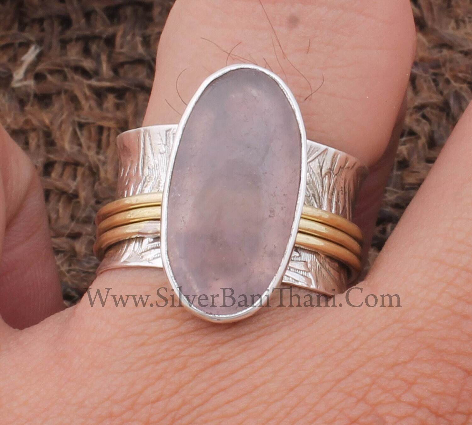 Lavender Jade Gemstone Spinner Ring 925 Sterling Silver &amp; Brass Spin Ring Handmade Carved Silver Meditation Ring Boho Worry Women Jewelry
