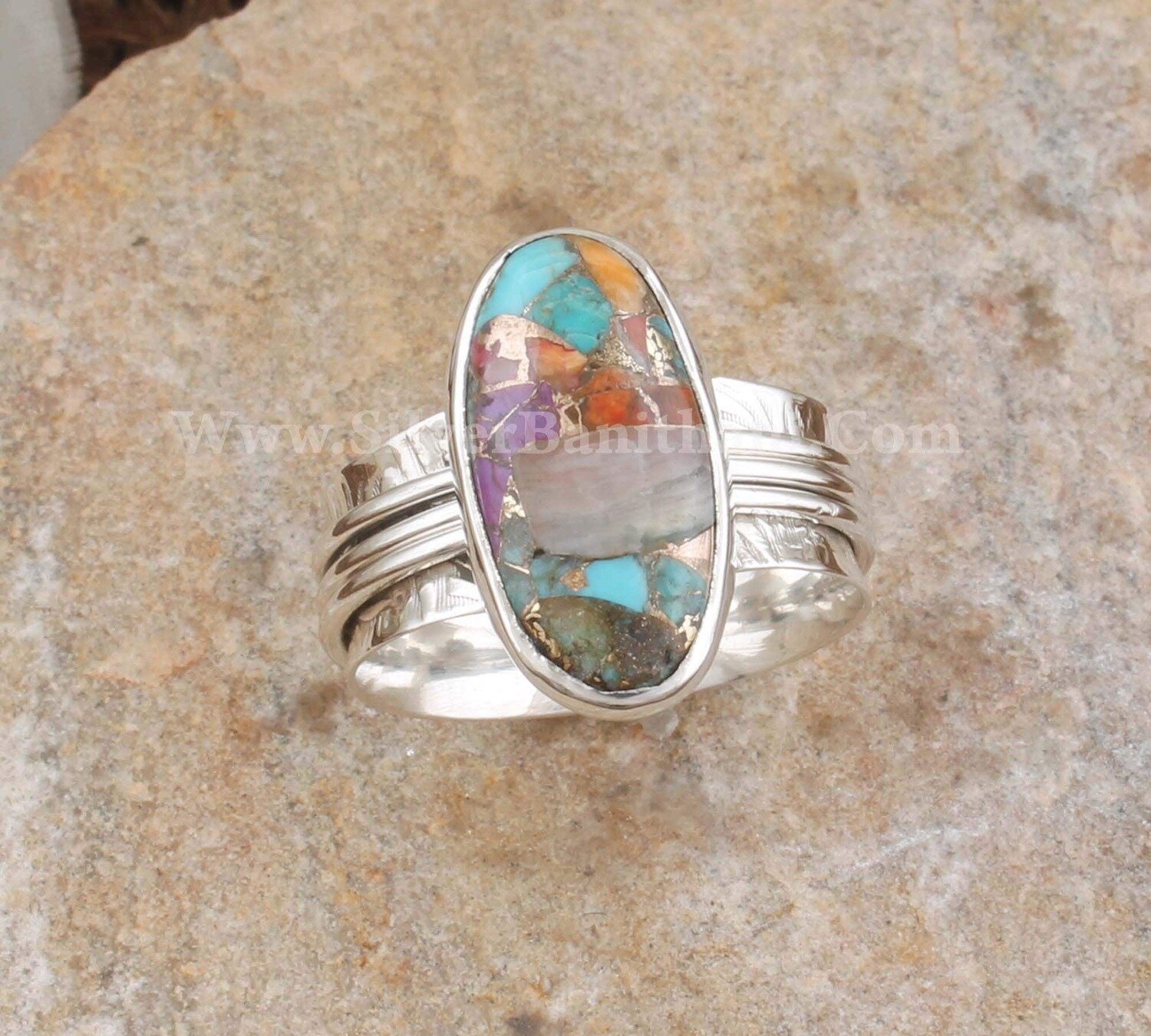 Mix Copper Turquoise Gemstone Silver Spinner Ring | 925 Sterling Silver Oval Shape Gemstone Ring | Handmade Women Silver Jewelry Gift Idea