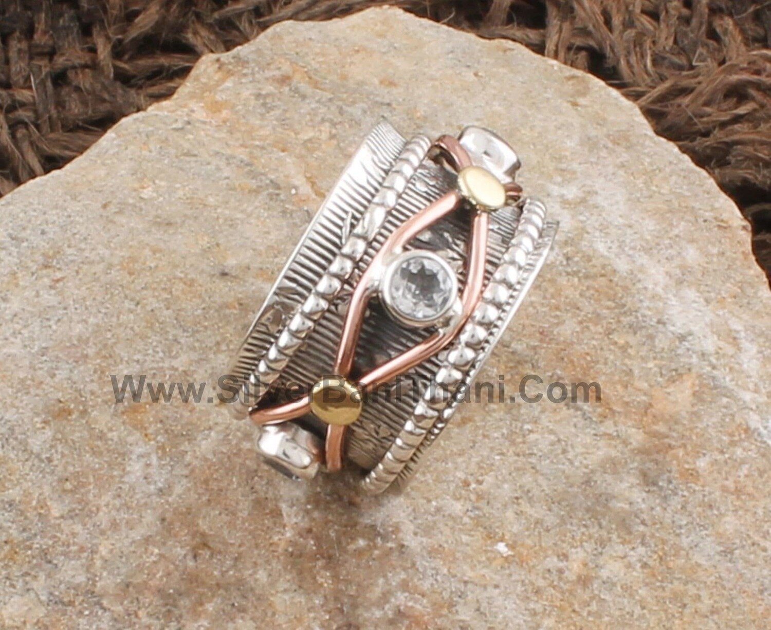 Crystal Quartz Three Tone Spinner Ring | 925 Sterling Silver &amp; Brass Designer Handmade Three Stone Meditation Ring | Valentine's Day Jewelry