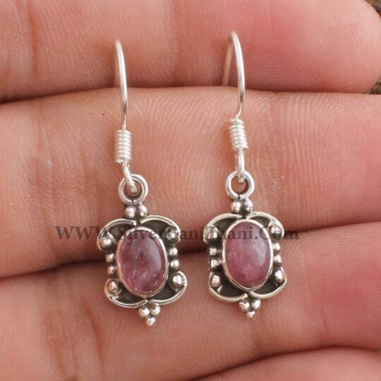 Solid Silver Earring-Tourmaline Semi Precious Oval Cabochon Stone Earring-925 Sterling Silver Earring-Dangle Earring-Boho Jewelry-Authentic