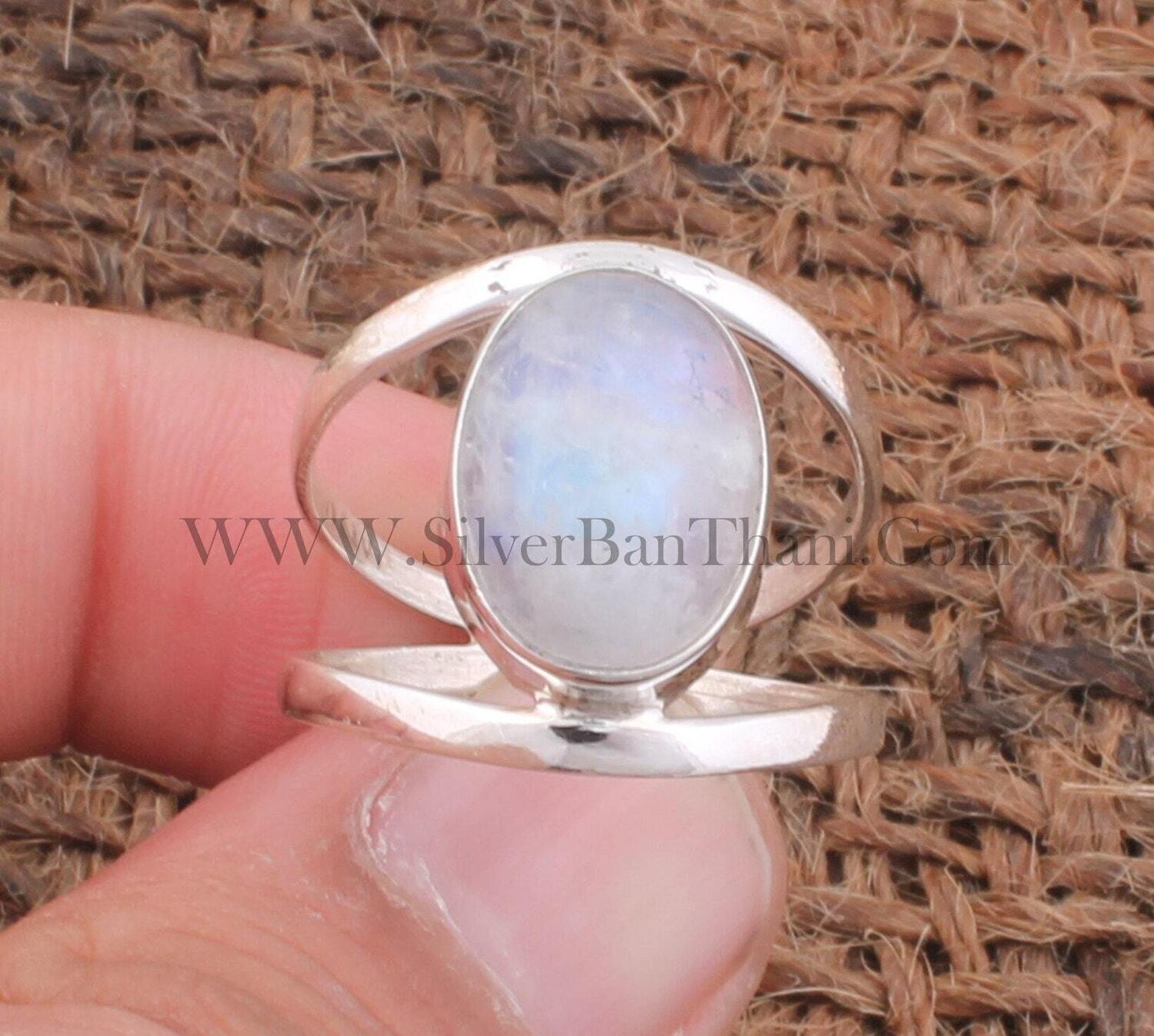 Rainbow Moonstone Oval Shape Gemstone Silver Ring | 925 Sterling Silver Ring | Handmade Dual Band Ring | Women's Rings For Gift Idea