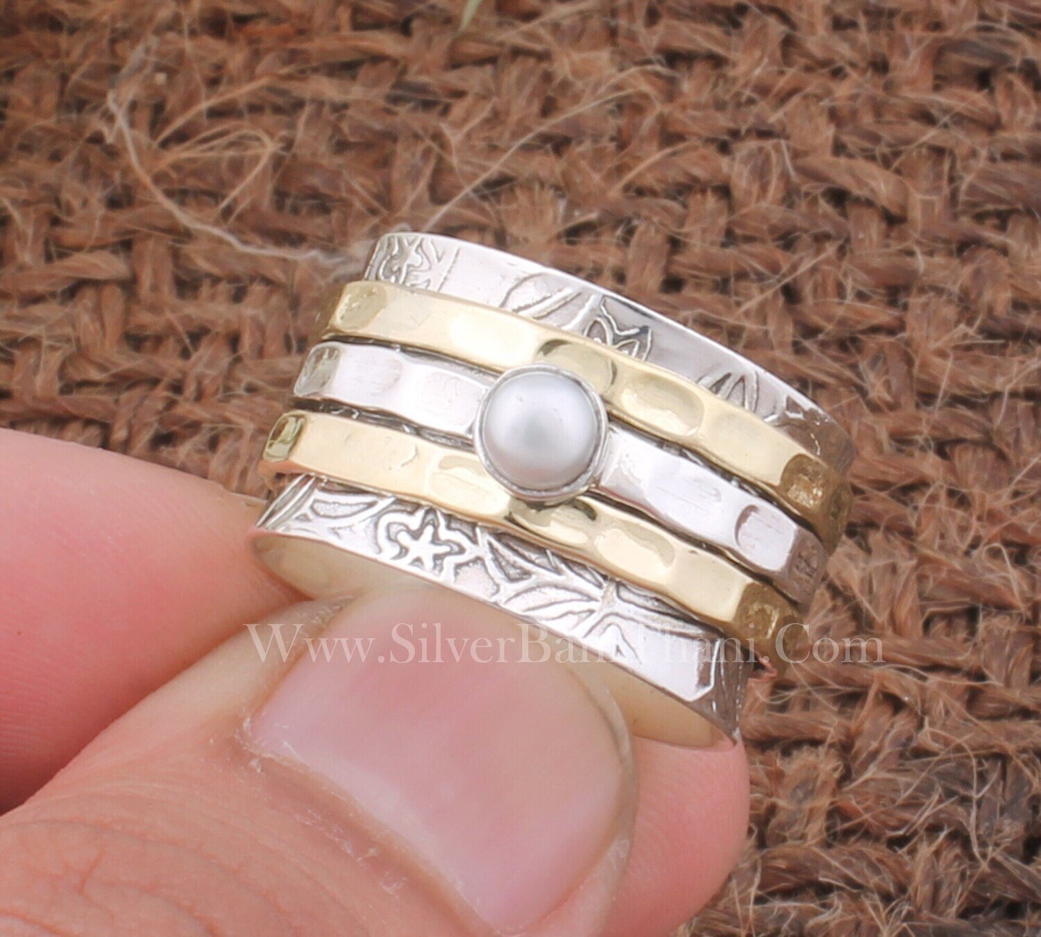 Pearl Gemstone Silver Spinner Ring | 925 Sterling Silver &amp; Brass Two Tone Engraver Silver Band Ring | Handmade Thumb Ring For Gift