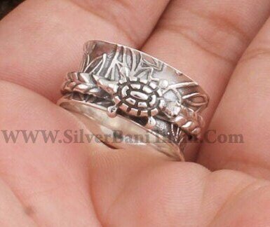 Designer Hand Carved Band Two Tone Spinner Ring | 925 Sterling Silver &amp; Brass Heart Worry Jewelry | Present For Her | Thumb Ring | Gift Idea