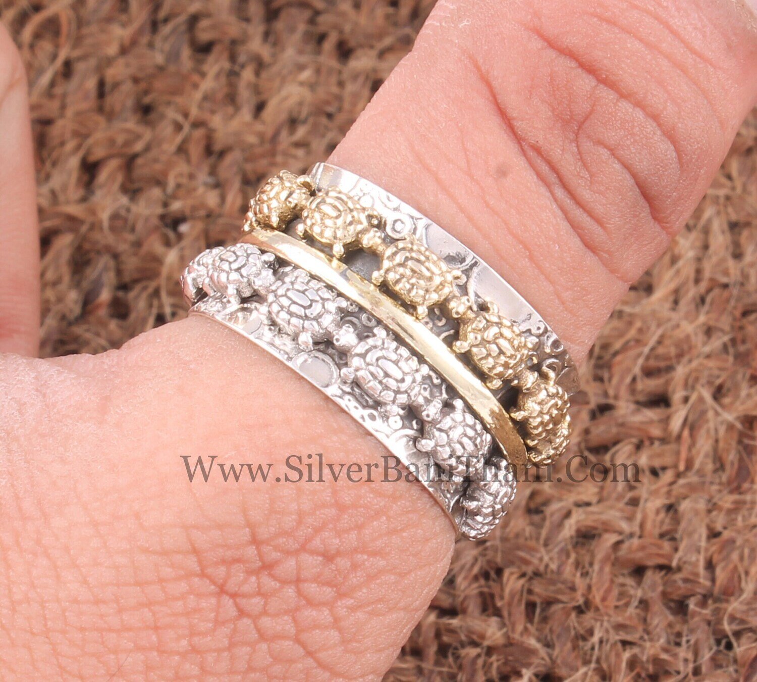 Turtle Solid 925 Sterling Silver Wide Band Spinner Ring For Women | Handmade Big Two Tone Fidget Anxiety Rings For Anniversary Gifts For Her