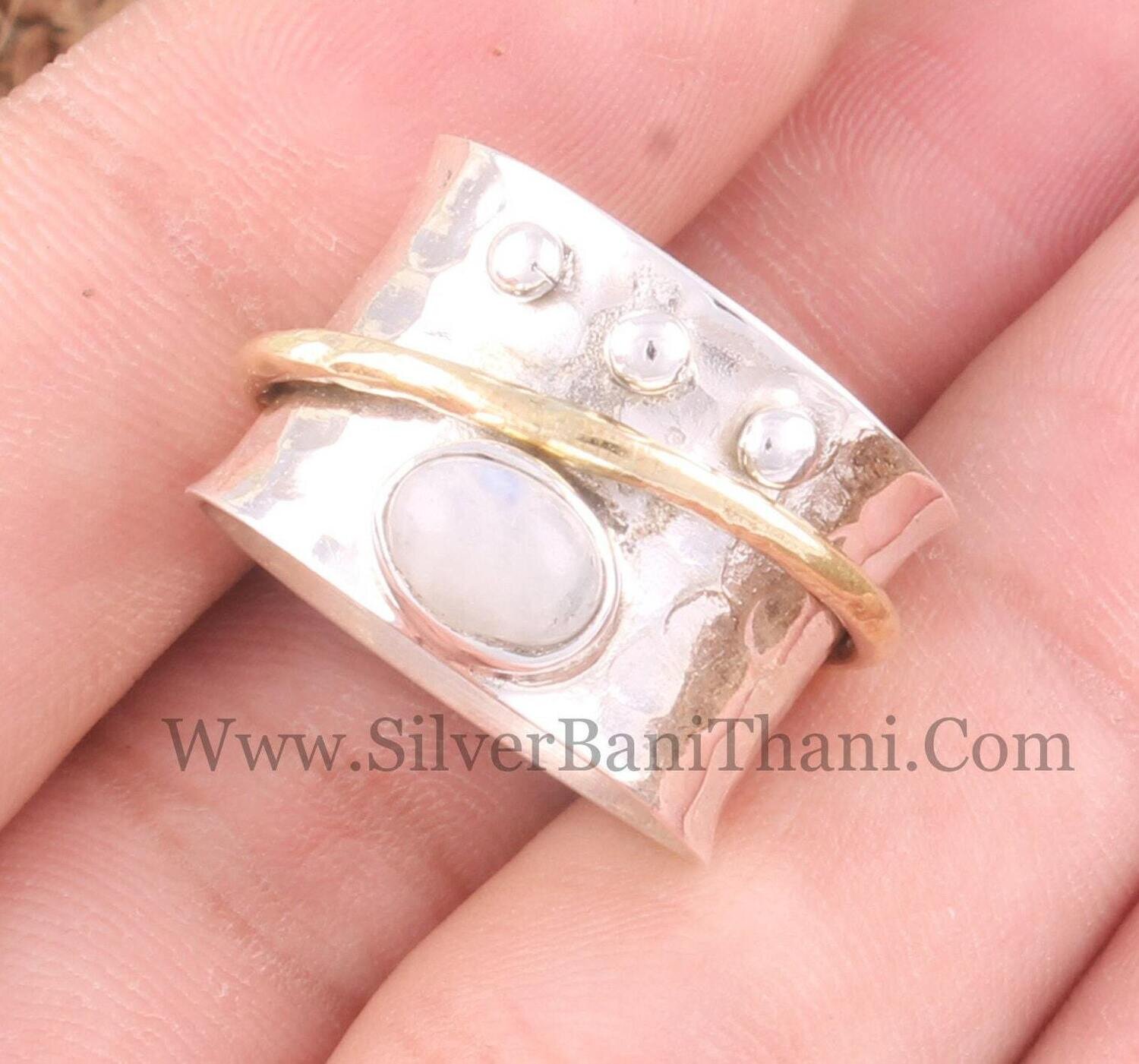 Natural Rainbow Moonstone Wide Hammered Band Solid 925 Sterling Silver Spinner Ring For Women Handmade Twisted Anxiety Rings For Anniversary