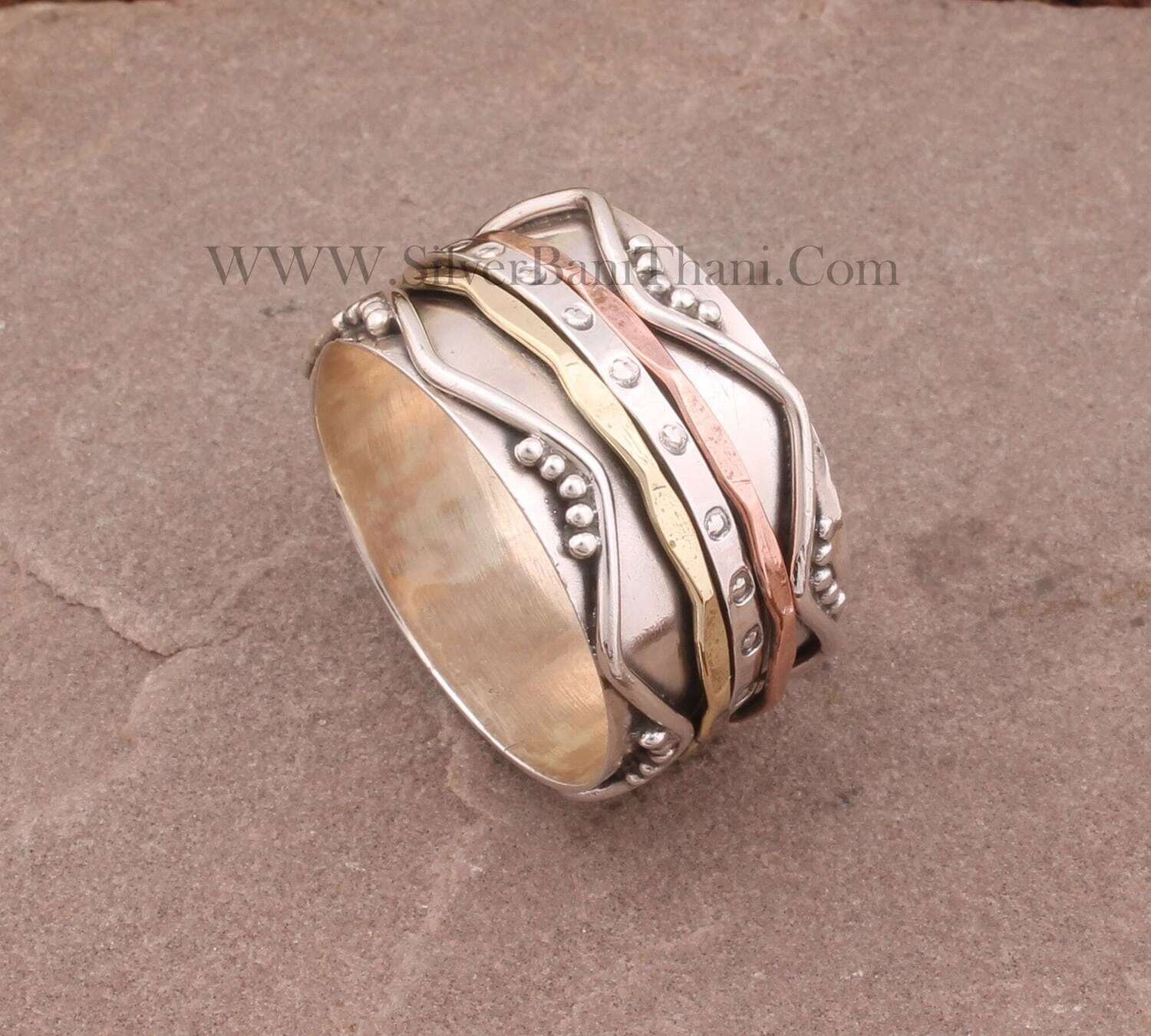 Designer Three Tone Spinner Ring | 925 Sterling Silver &amp; Brass Spin Ring | Handmade Antiqued Silver Meditation Ring | Wedding Jewelry Gift