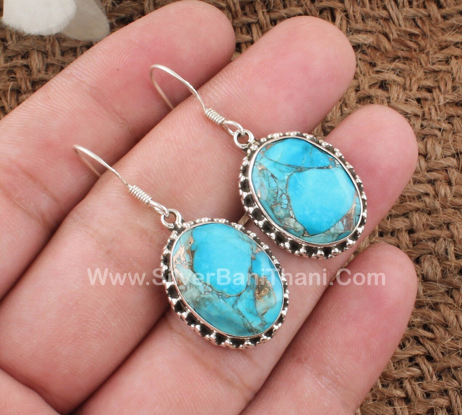 Blue Copper Turquoise Silver Earrings | 925 Sterling Solid Silver Stone Earrings | Designer Handmade Women Wedding Earrings For Women Gift