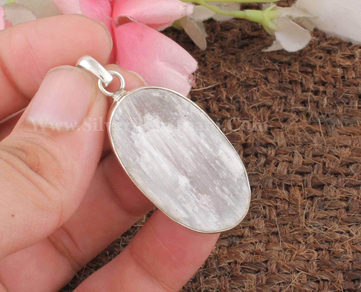 Selenite Oval Shape Gemstone Necklace Pendant | 925 Sterling Silver Designer Handmade Pendant | Boho Jewelry | Wedding Jewelry Gift