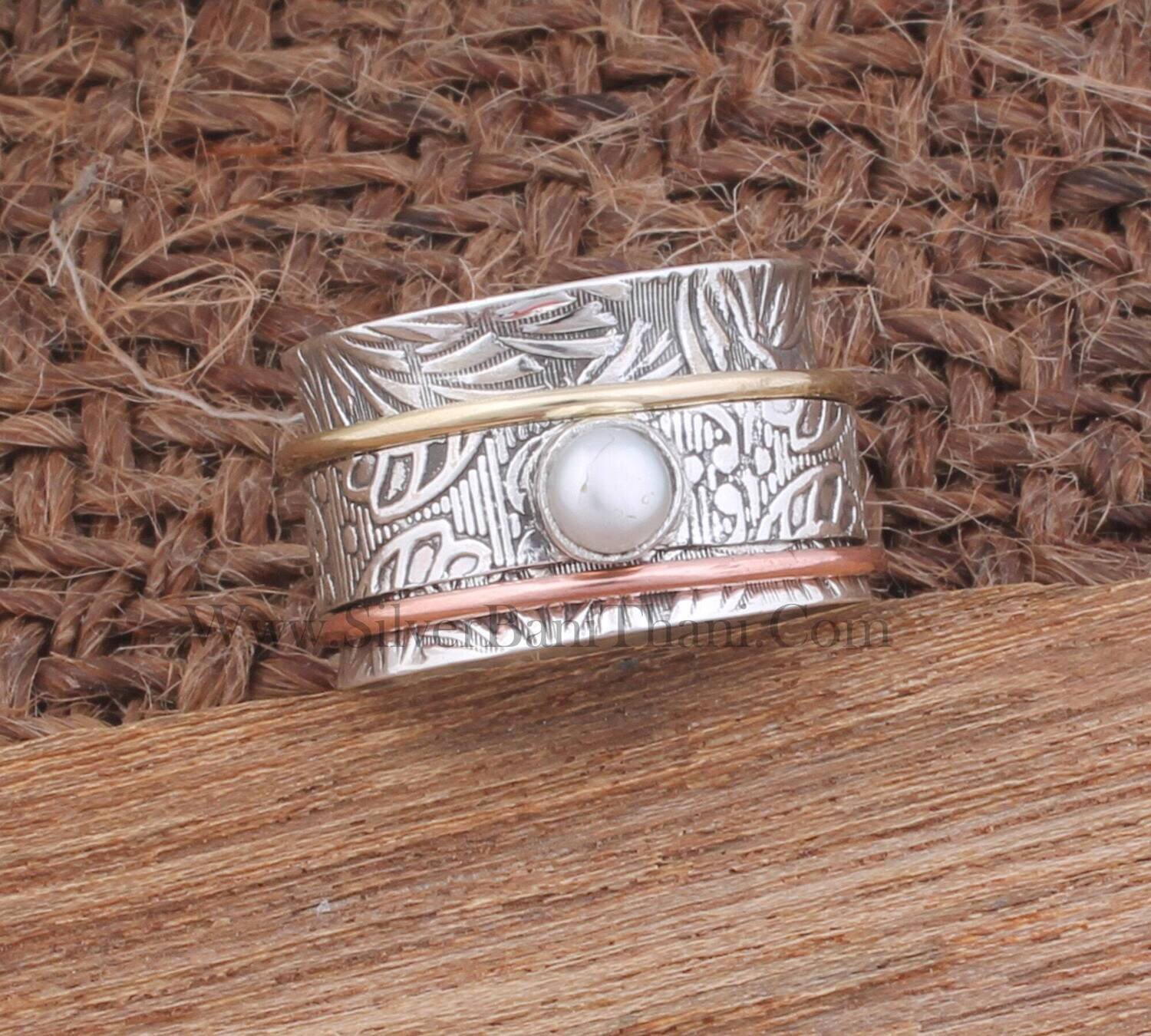 Three Tone Pearl Gemstone Silver Spinner Ring | 925 Sterling Silver Smooth Gemstone Ring | Designer Carved Leaves Silver Ring For women Gift