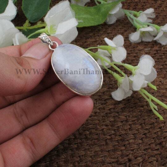 Rainbow Moonstone Necklace*Oval Cabochon Necklace*925 Sterling Silver Necklace* Natural Rainbow Moonstone Semi Precious Stone Necklace2022