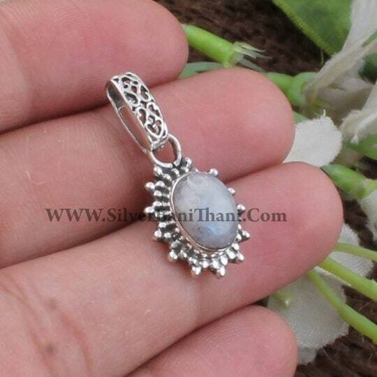 Rainbow Moonstone Pendant-Oval Cabochon Pendant 925 Sterling Solid Silver Pendant-Rainbow Moonstone Semi Precious Stone Pendant Gift For Her
