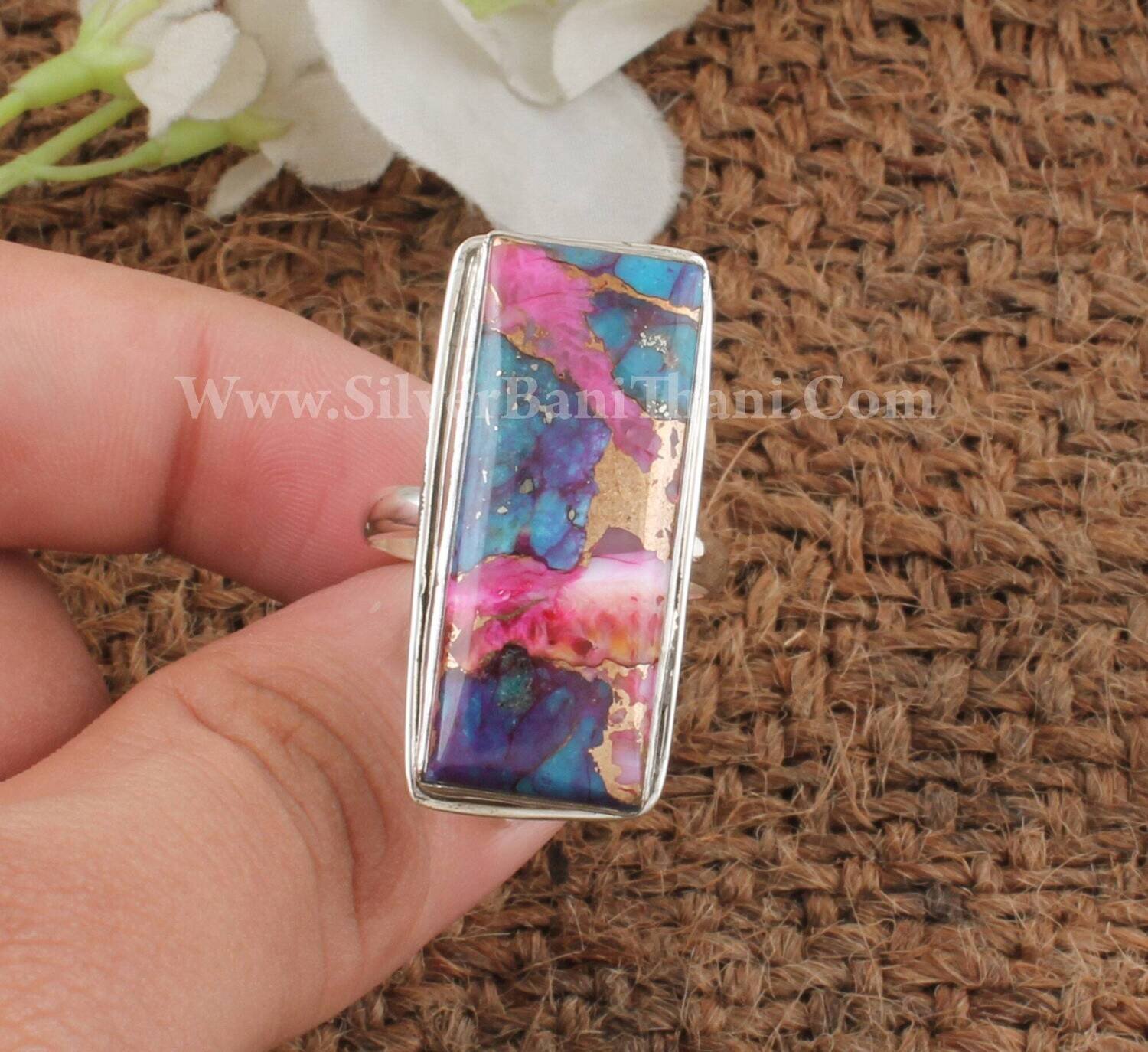 Mix Spiny Copper Turquoise Rectangle Shape Gemstone Silver Ring | 925 Sterling Solid Silver Ring | Handmade Wedding Jewelry For Women Gift