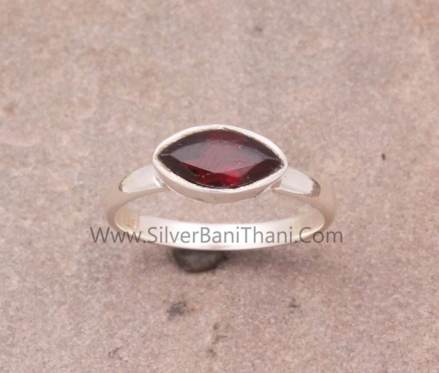 Red Garnet Solid 925 Sterling Silver Ring For Women | Handmade Marquise Cut Solid Silver Band Ring For Wedding Anniversary Gift Idea
